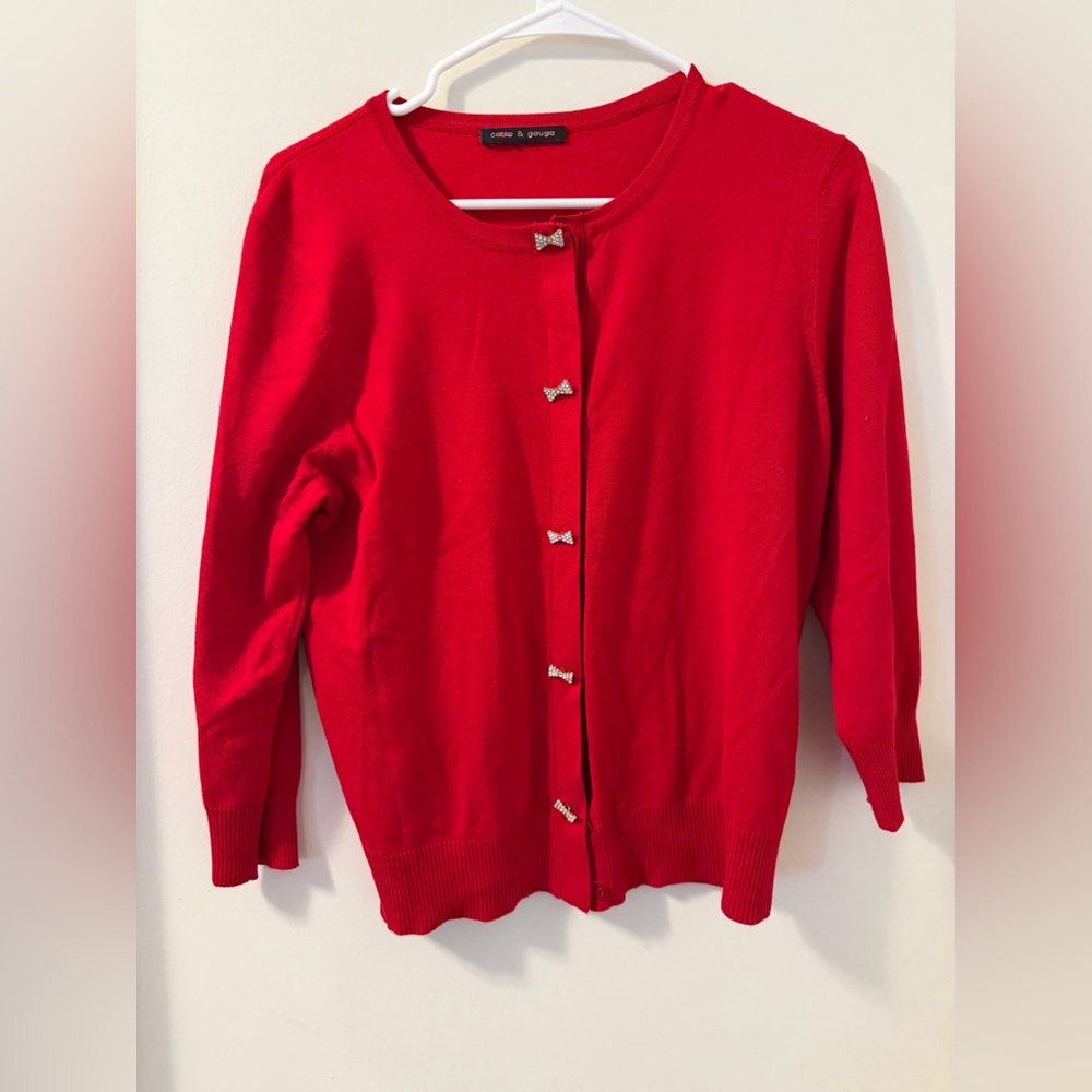 Cable & Gauge Red Holiday Cardigan with Rhinestone Bows Sz M